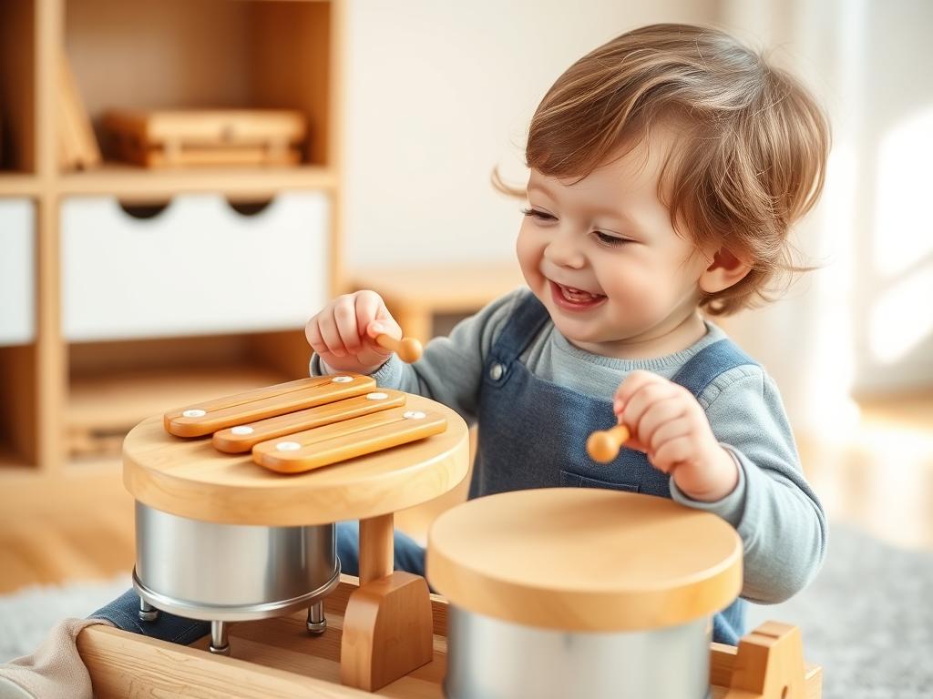 Child playing with a wooden Montessori drum set featuring different percussion elements