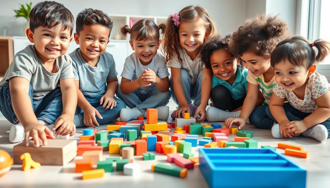 Children playing with colorful educational toys on the floor