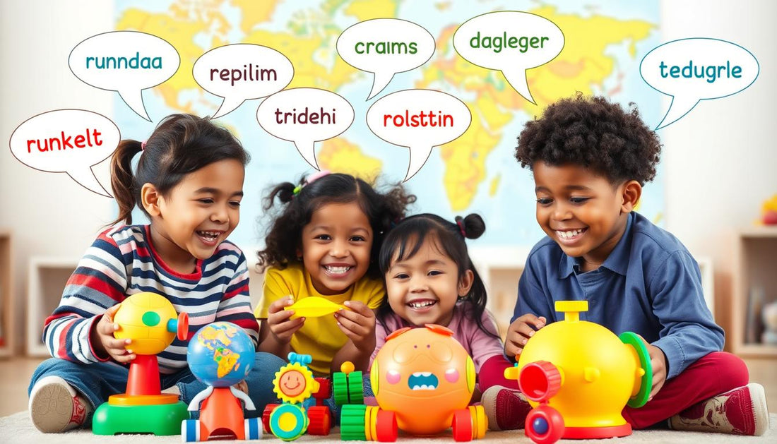Children playing with language learning toys and developing multilingual skills