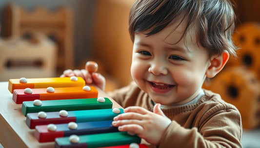 Child playing with wooden xylophone showing joy and concentration