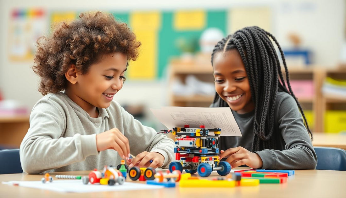 Children building and programming a colorful kids robot kit on a table