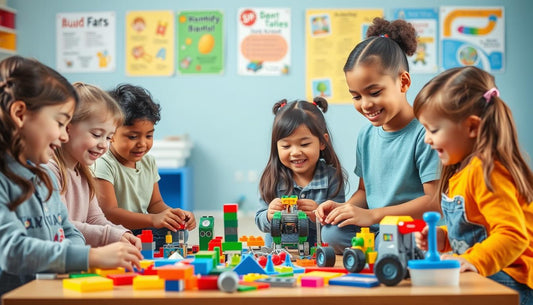 Children playing with colorful STEM building blocks and learning through play