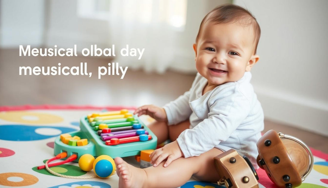 Baby playing with colorful musical toys for babies showing cognitive development