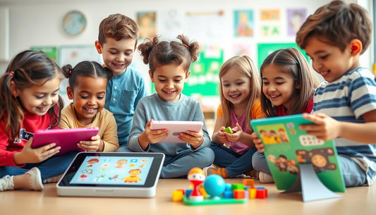 Children engaged with educational games on tablets and board games