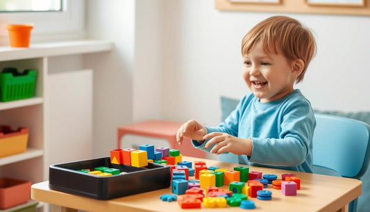 Child playing with colorful mathematics counting toys on a table
