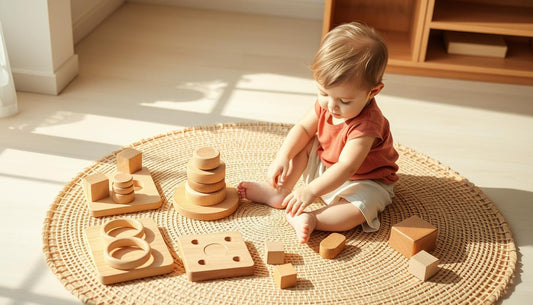 Child playing with wooden Montessori toys on a natural mat