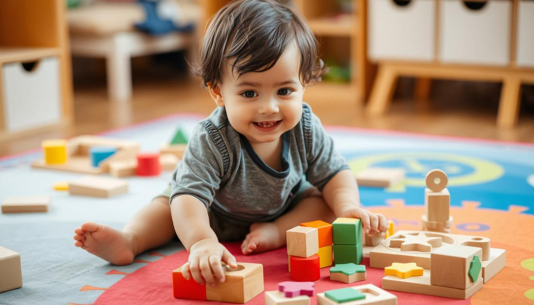 A 3-year-old child engaged with colorful educational toys that develop fine motor skills