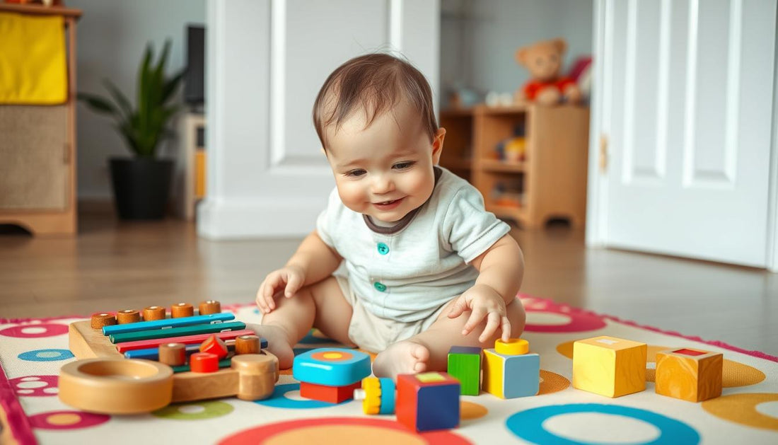 Toddler playing with colorful educational musical toys showing developmental benefits