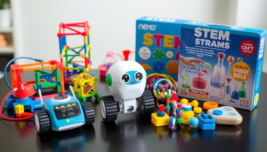 Various STEM toys including coding robots, building blocks, and science kits
