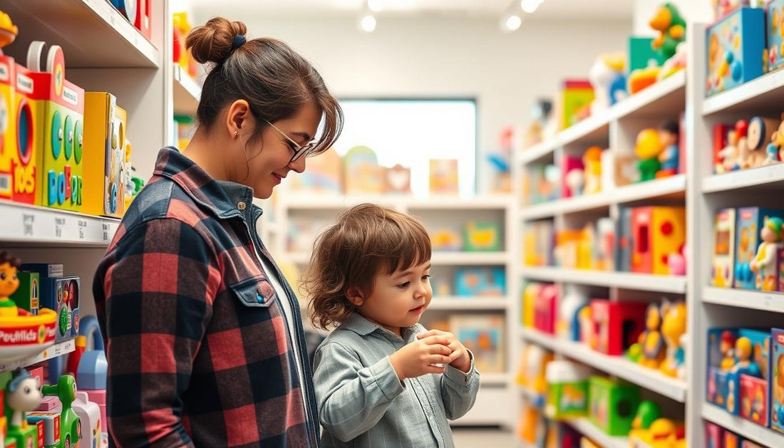 Parent and child examining educational toys at a learning toy store