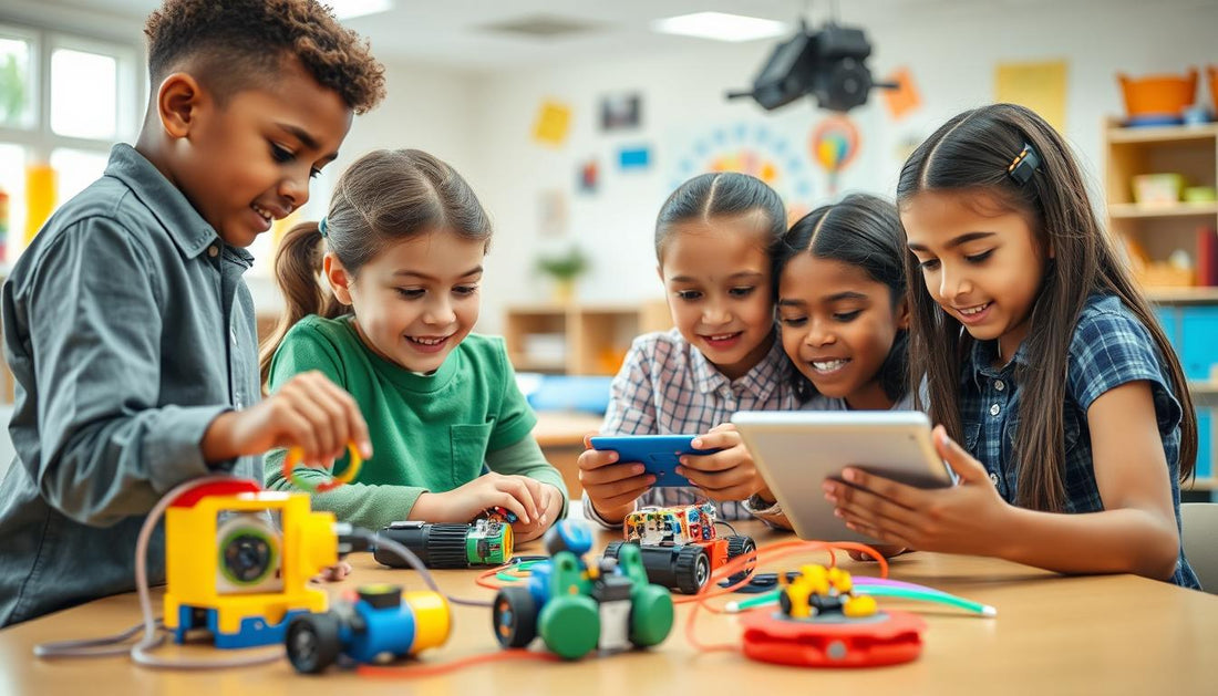 Children playing with educational tech toys for STEM learning