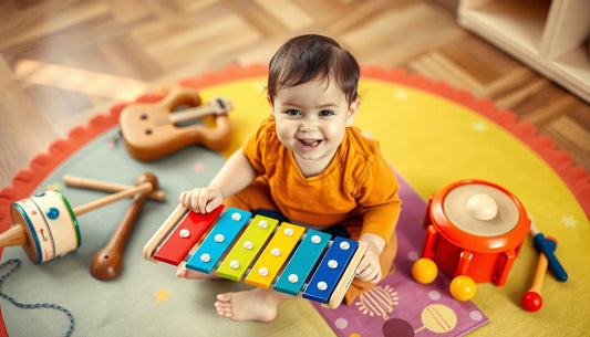 Toddler playing with colorful toy musical instruments including a xylophone and small drum
