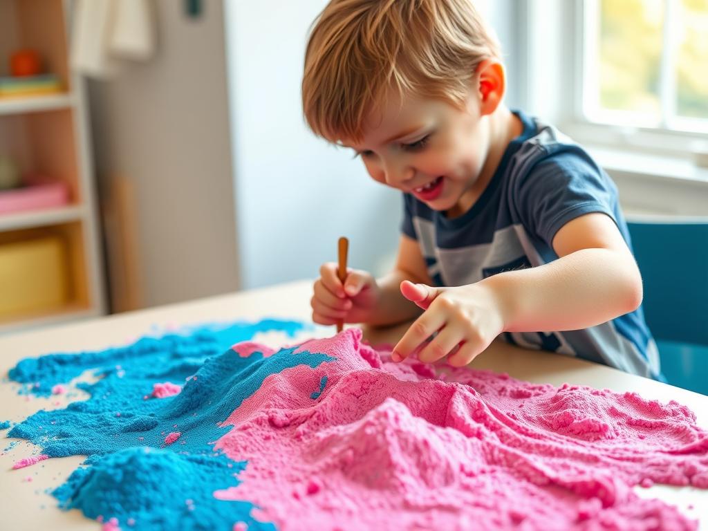 Child playing with colorful kinetic sand and sculpting tools for arts and crafts for kids