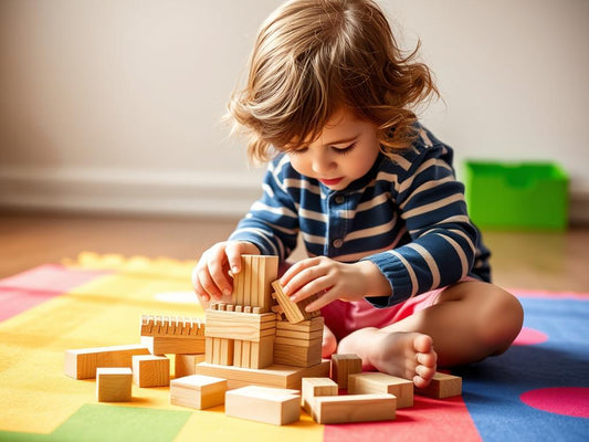 Child playing with educational building blocks that develop fine motor skills