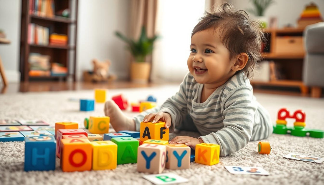 Toddler playing with colorful language development toys