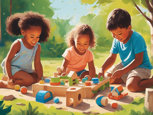 children playing with eco-friendly educational toys in a bright, natural setting