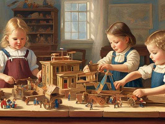 children playing with historical educational toys in a classroom