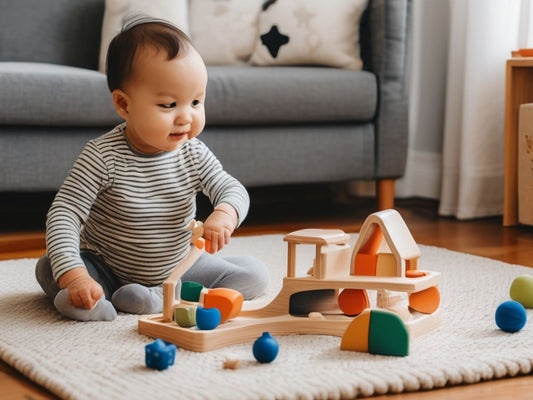 infant playing with Montessori toys in a cozy home environment