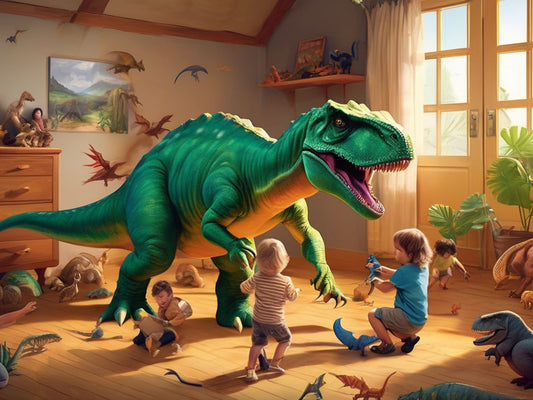 children playing with dinosaur toys in a prehistoric-themed room