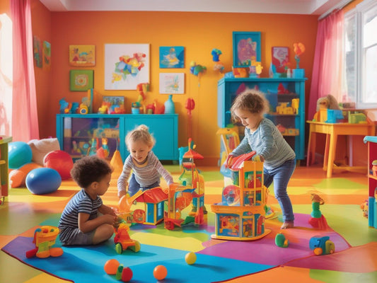 children playing with educational toys in a bright, colorful room