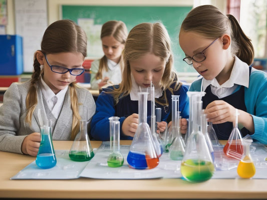 children using chemistry sets in a classroom