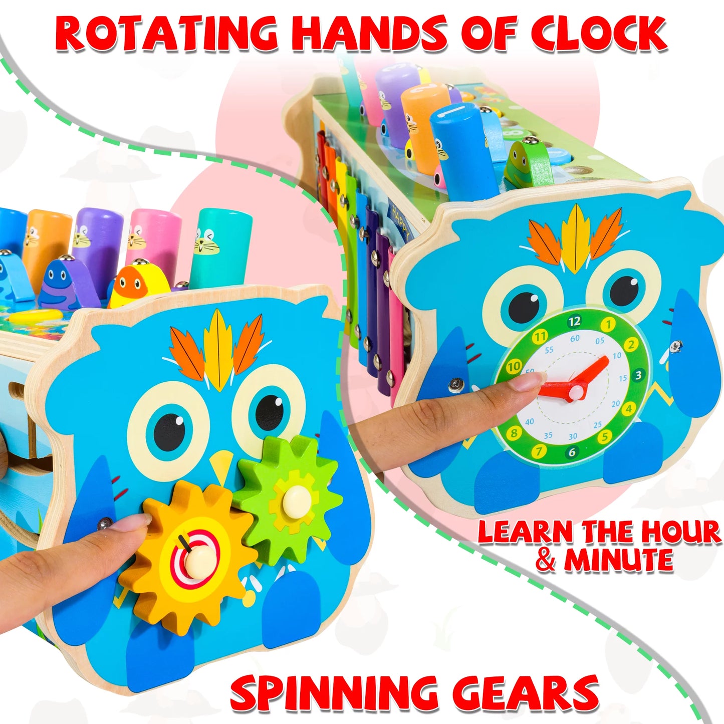 7-In-1 Wooden Hammering & Pounding Toy for Kids,Montessori Educational Activity Toys with Hammers & Mallets Gift for Toddlers Age 1 2 3
