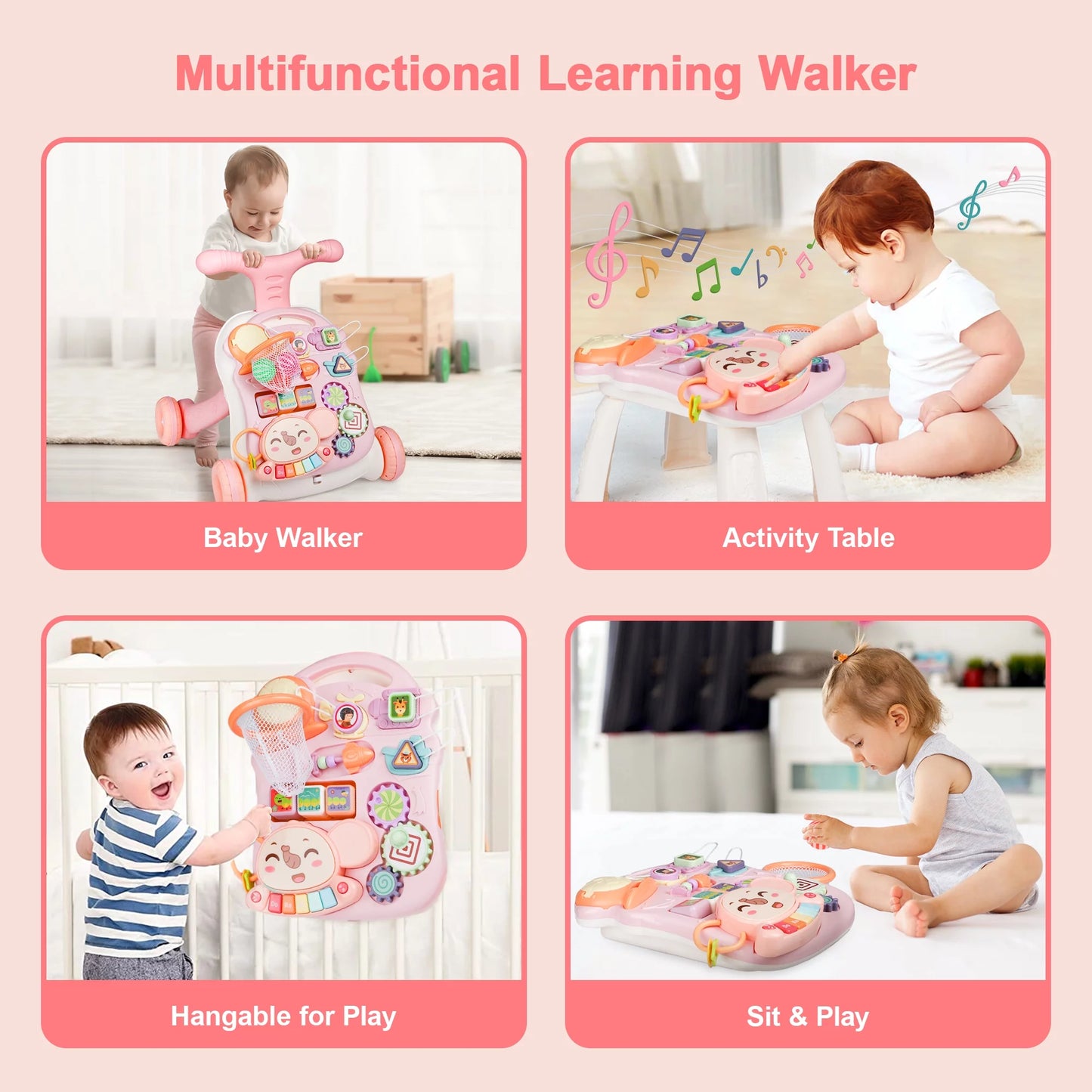 3-In-1 Baby Walker and Learning Table Center, Perfect Learning Toys Christmas Gift for Infants 6-12 Months, Early Development and Playtime for Girls Boys-Pink