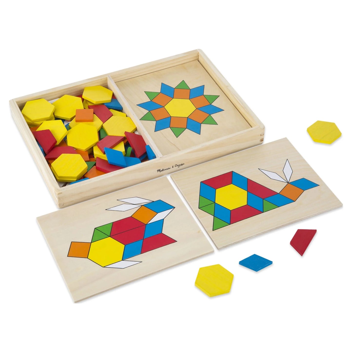 Pattern Blocks and Boards - Classic Toy with 120 Solid Wood Shapes and 5 Double-Sided Panels, Multi-Colored Animals Puzzle
