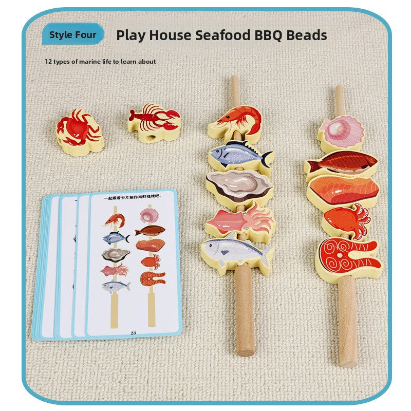 Wooden Pretend BBQ Grill & Food Skewer Play Sets for Kids
