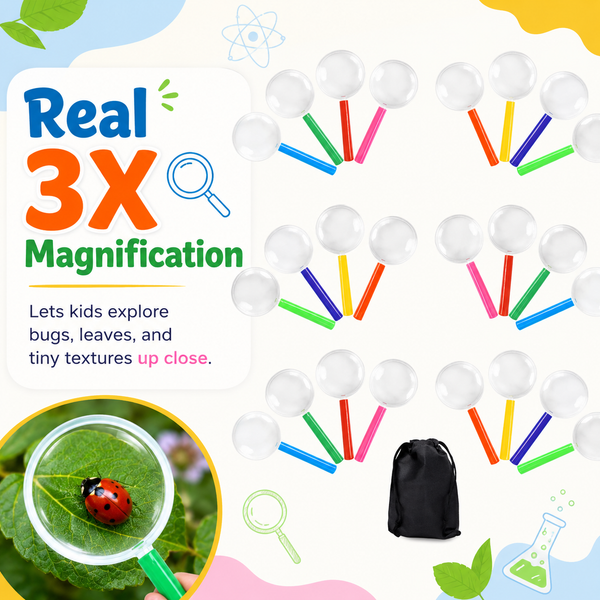 24-Pack Colorful Magnifying Glass Set for Kids – Educational Explorer Science Toys with Storage Bag 24-Pack Colorful Magnifying Glass Set for Kids – Educational Explorer Science Toys with Storage Bag