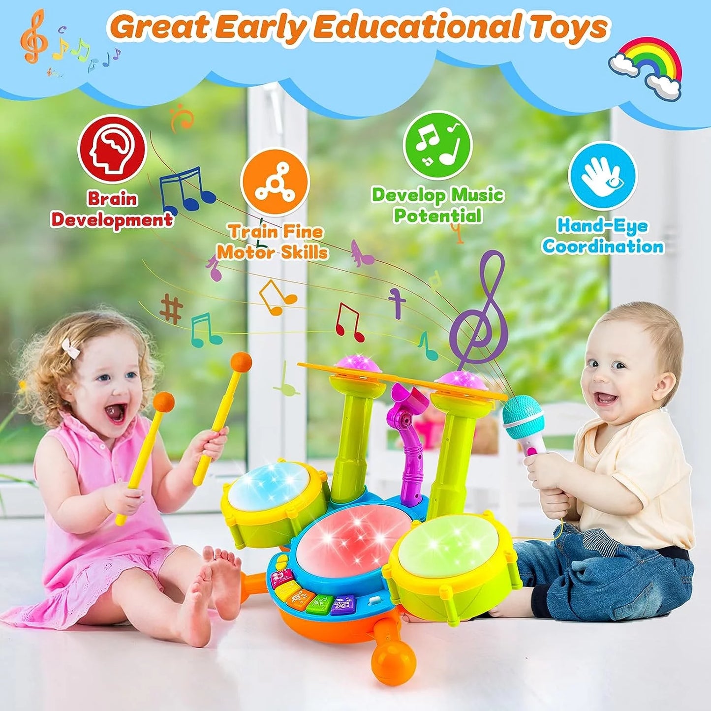 Drum Sets for Kids, Toys for 1 Year Old, Educational Learning Toys for 2 3 4 5 6 Year, Light up Baby Music Toy for Boys Girls Birthday Gift