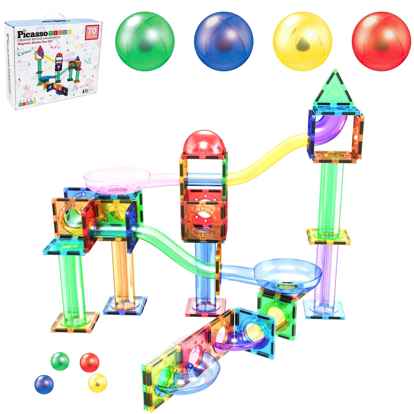 70 PC Marble Race Track Building Block & Magnetic Tiles, Building STEM Toy for Kids 3+
