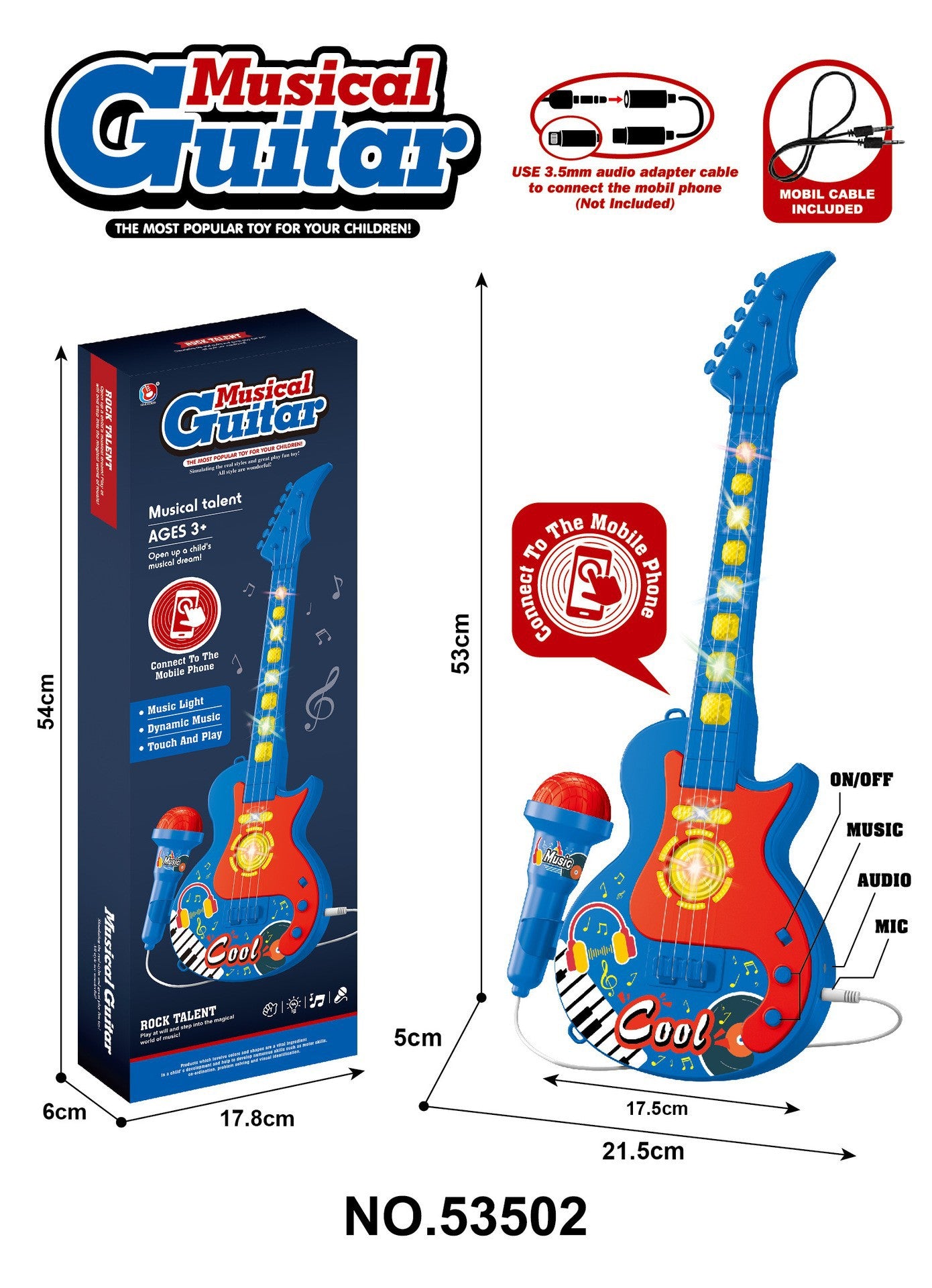 Kids Musical Microphone Toy with LED Lights Blue guitar