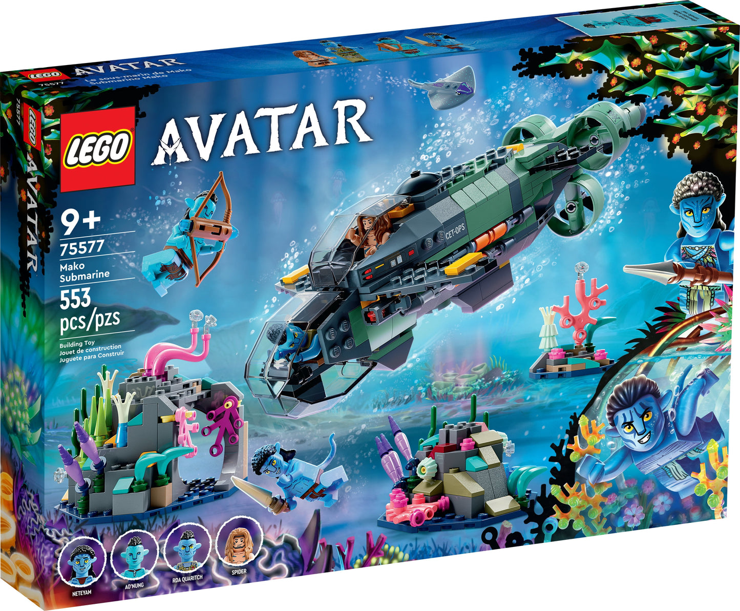Avatar: the Way of Water Mako Submarine 75577 Buildable Toy Model, Underwater Ocean Set with Alien Fish and Stingray Figures, Movie Gift for Kids and Movie Fans