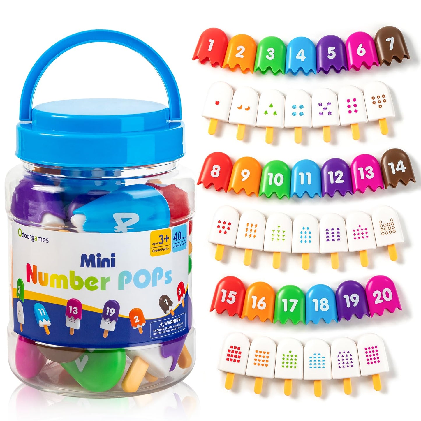 Montessori Number Popsicles Matching Game for Toddlers — 40 Pcs · Numbers 1–20 · 7 Colors · Self-Correcting · Reusable Jar · Color Sorting & Counting Toy Ages 2–5