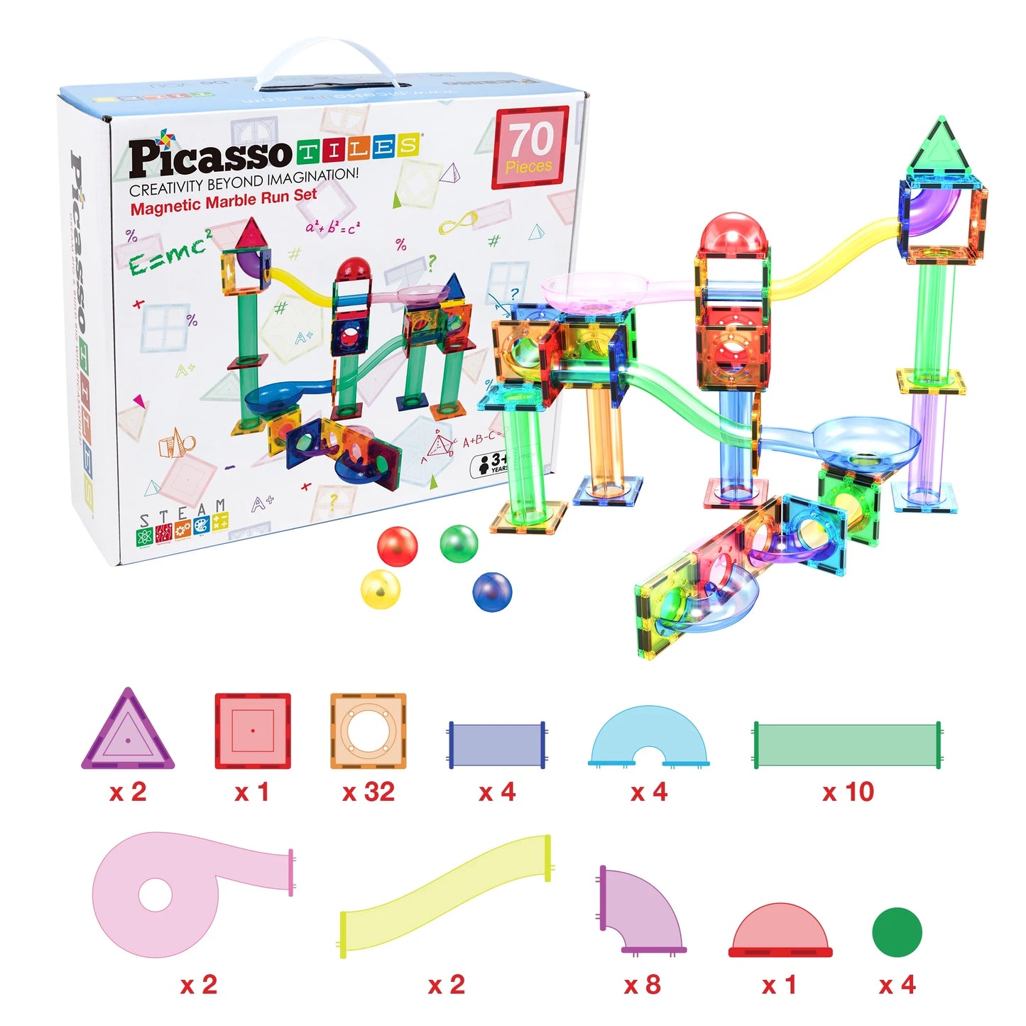70 PC Marble Race Track Building Block & Magnetic Tiles, Building STEM Toy for Kids 3+