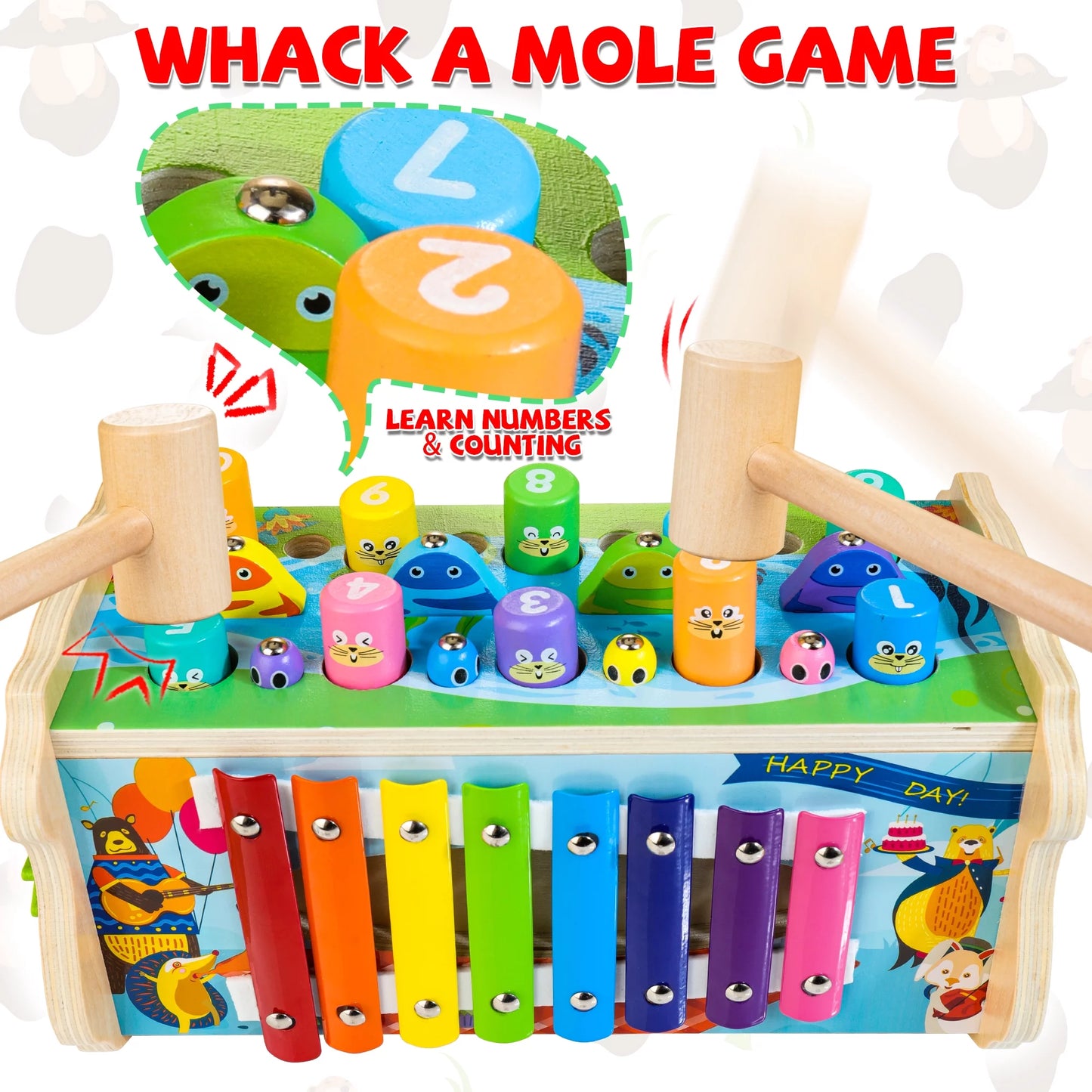 7-In-1 Wooden Hammering & Pounding Toy for Kids,Montessori Educational Activity Toys with Hammers & Mallets Gift for Toddlers Age 1 2 3