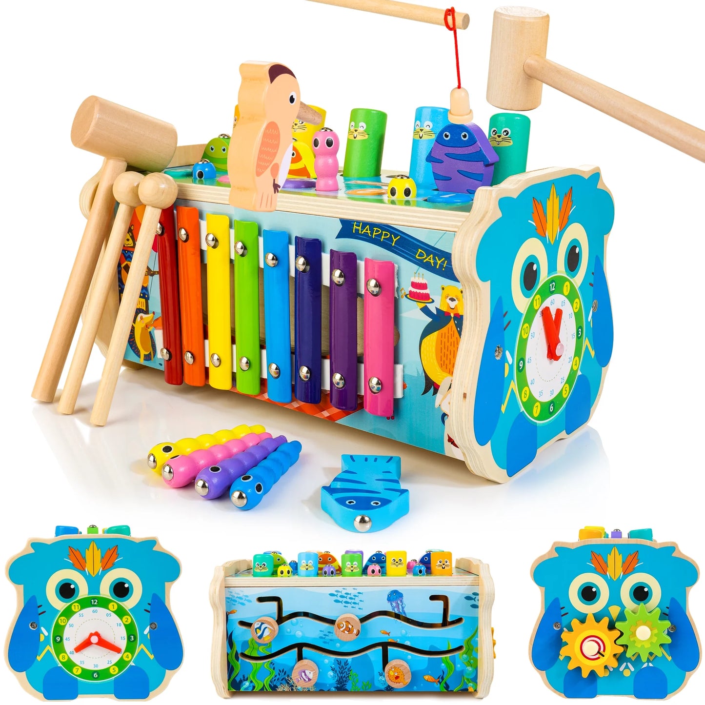 7-In-1 Wooden Hammering & Pounding Toy for Kids,Montessori Educational Activity Toys with Hammers & Mallets Gift for Toddlers Age 1 2 3