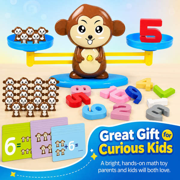 Montessori Monkey Balance Scale Math Toy for Kids — 30 Challenge Cards · 4 Difficulty Levels · Counting, Addition & Number Sense Game Ages 3–7 Montessori Monkey Balance Scale Math Toy for Kids — 30 Challenge Cards · 4 Difficulty Levels · Counting, Addition & Number Sense Game Ages 3–7