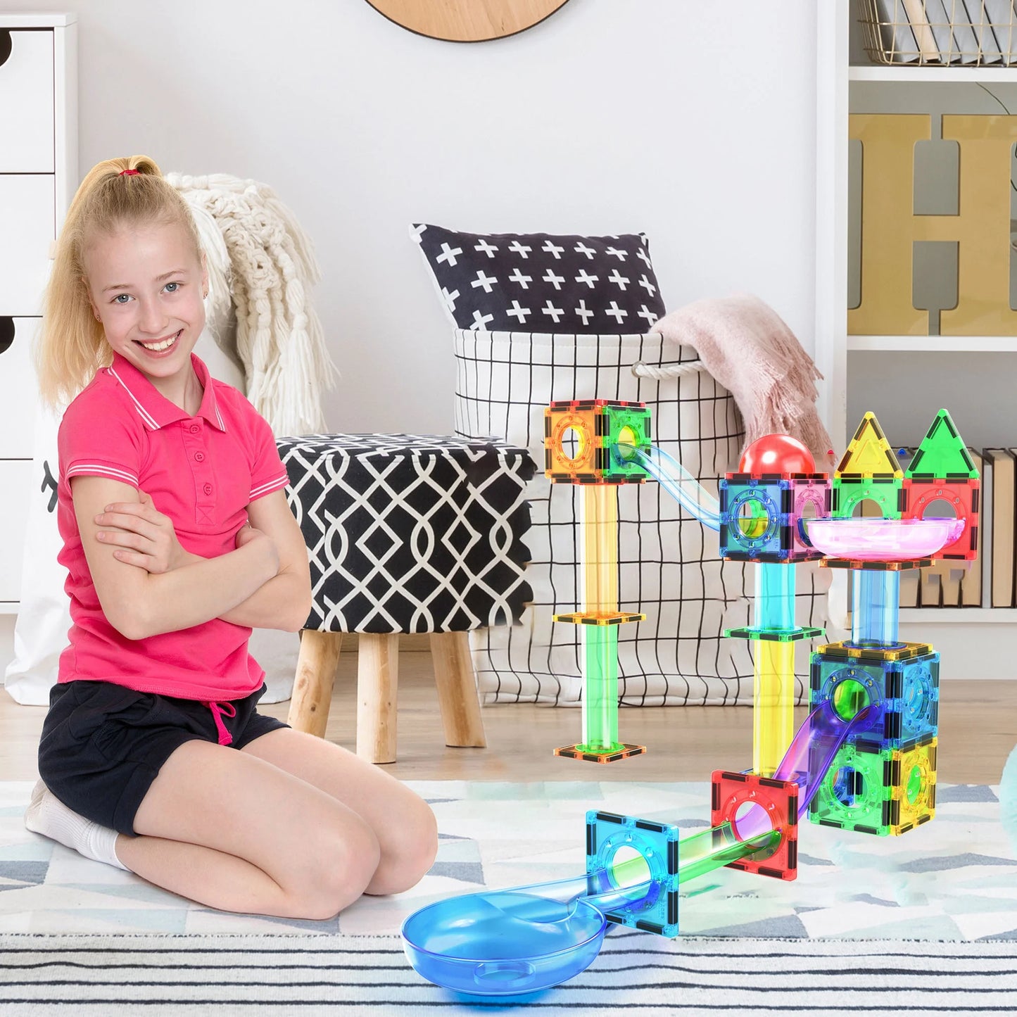 70 PC Marble Race Track Building Block & Magnetic Tiles, Building STEM Toy for Kids 3+