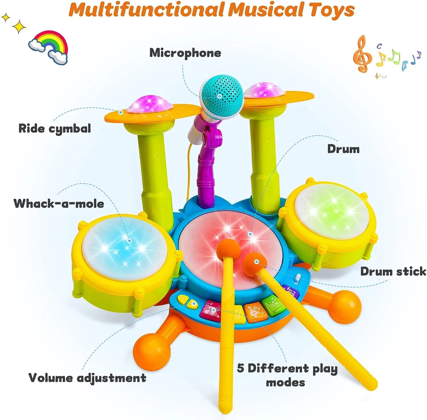 Drum Sets for Kids, Toys for 1 Year Old, Educational Learning Toys for 2 3 4 5 6 Year, Light up Baby Music Toy for Boys Girls Birthday Gift