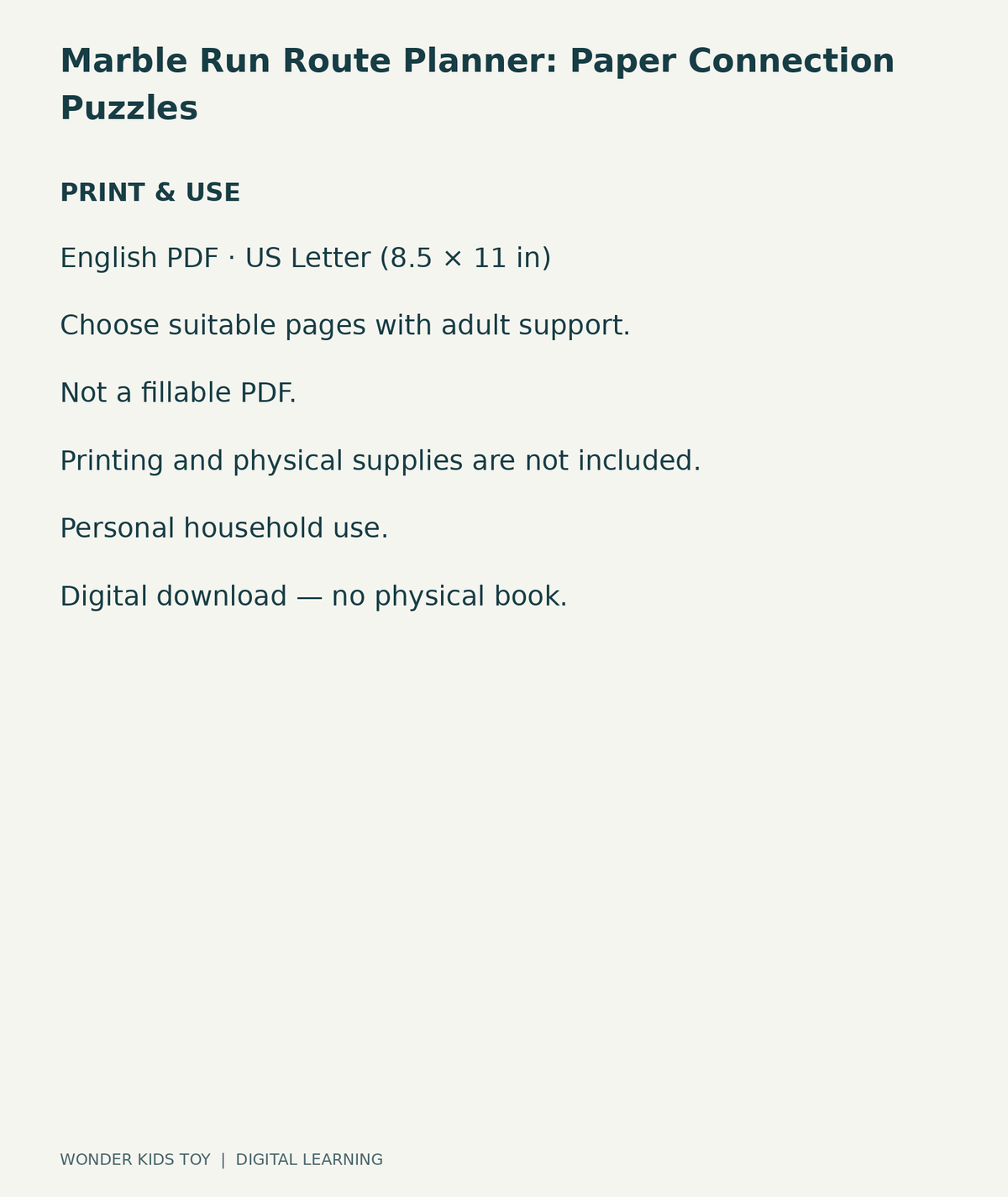 Marble Run Route Planner: Paper Connection Puzzles: US Letter English printable PDF and household-use details