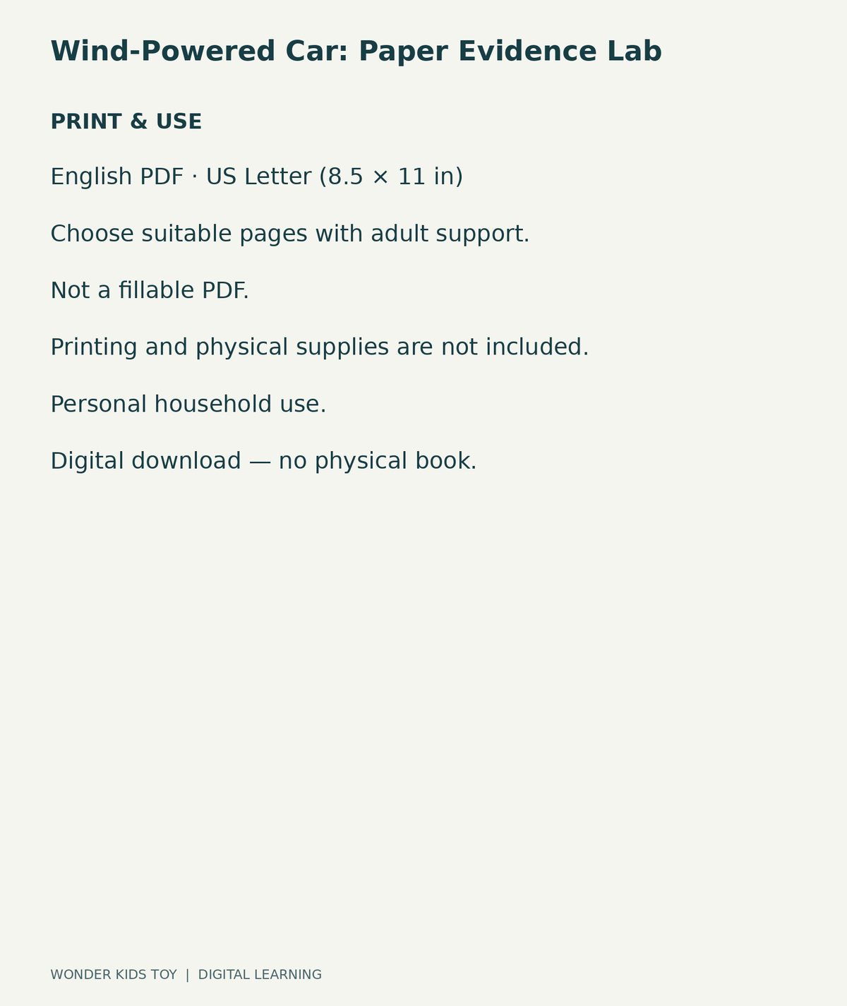 Wind-Powered Car: Paper Evidence Lab: US Letter English printable PDF and household-use details