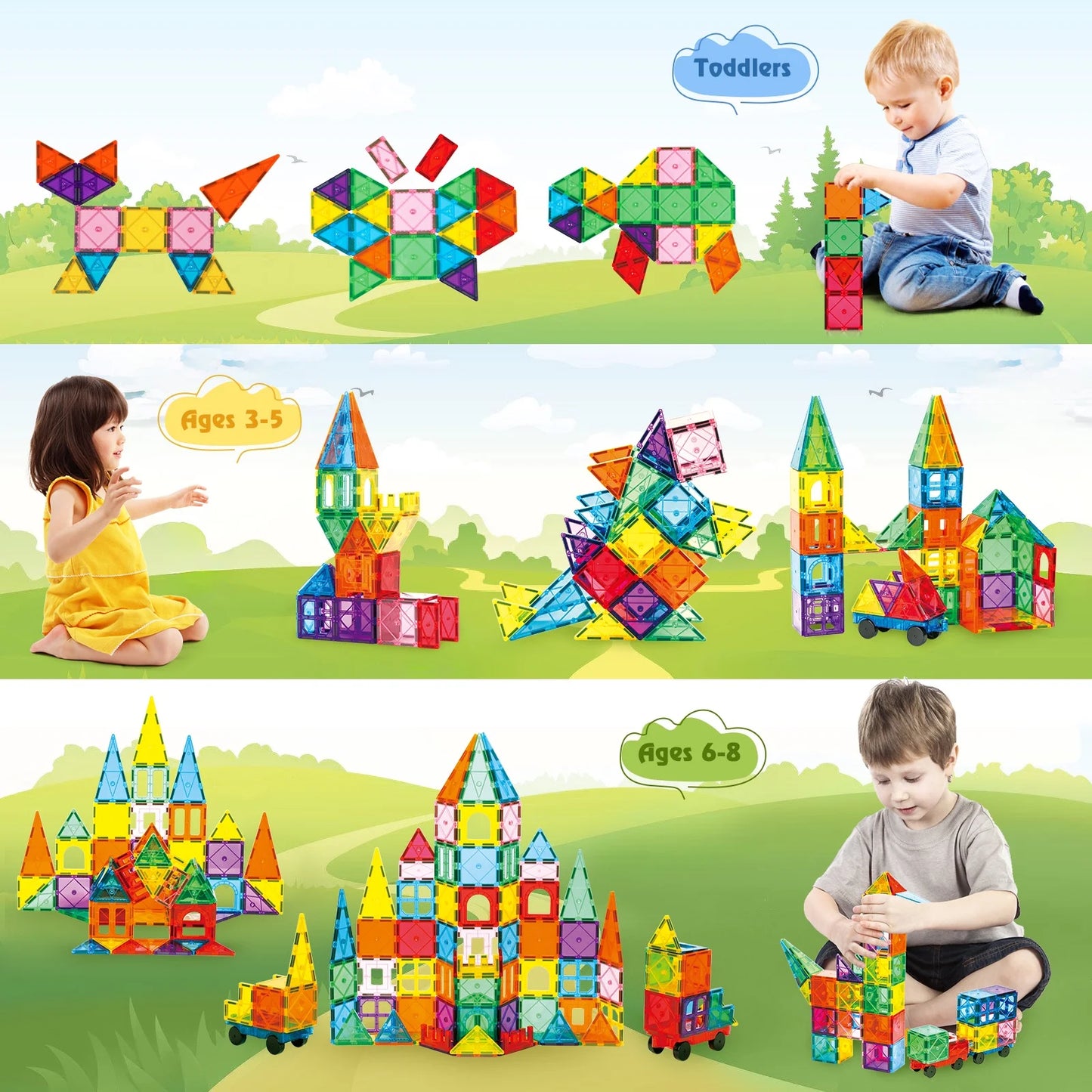 100 Pcs Magnetic Tiles Building Blocks with 2 Cars, STEM Toys 3D Building Sets Gifts for Boys and Girls