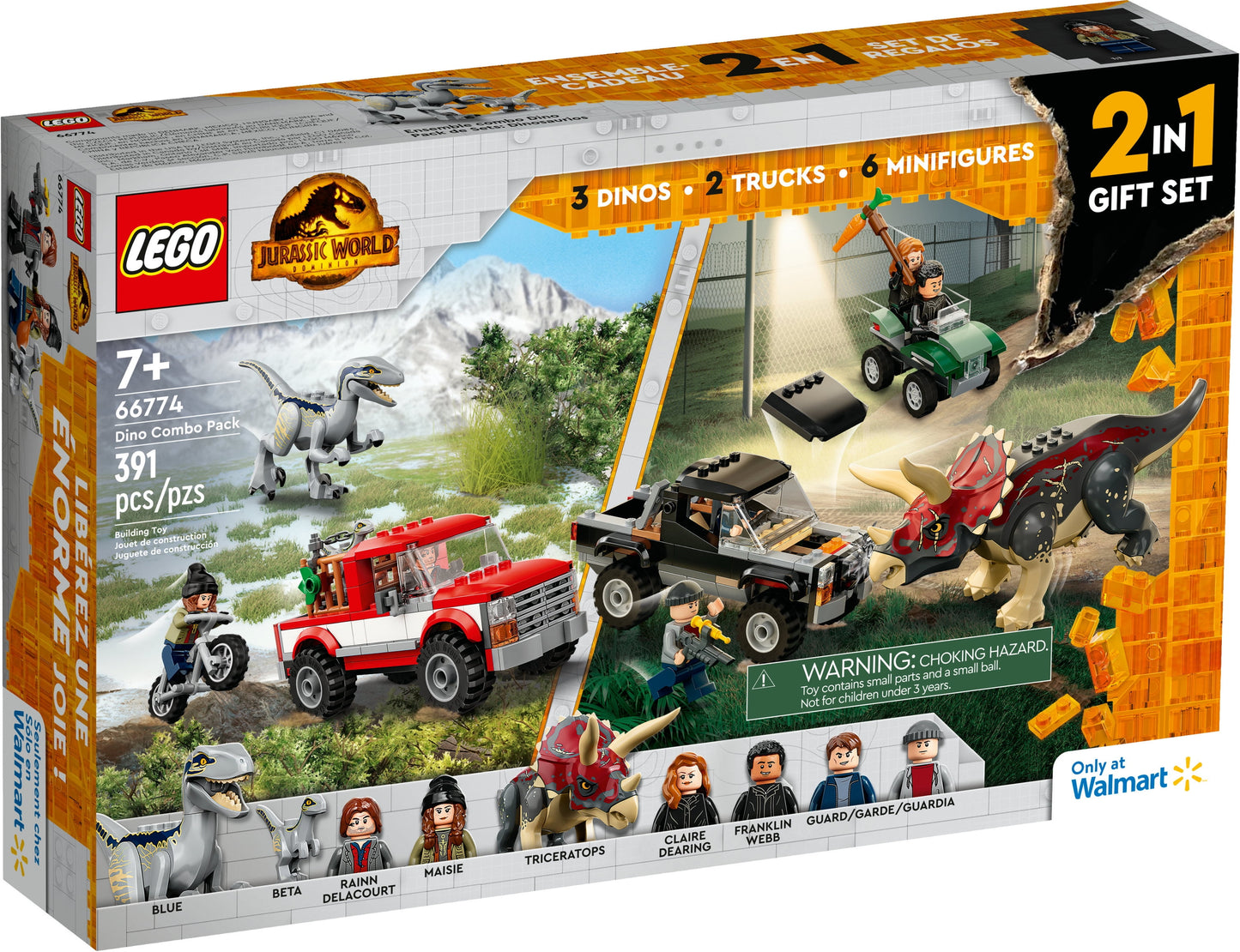 Jurassic World Dino Combo Pack 66774 Toy Value Pack, 2 in 1 Triceratops and Velociraptor Gift Set, Jurassic World Toy with Dinosaur and Truck Toys, Christmas Gift for Kids Ages 7 and Up