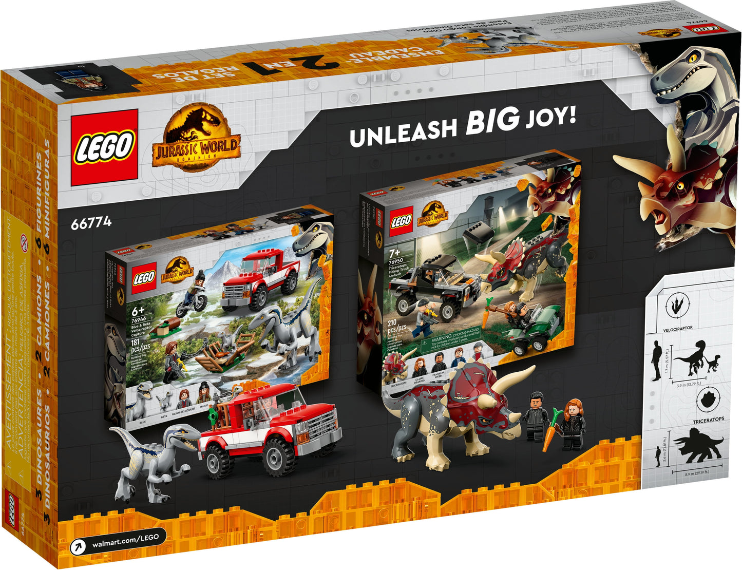 Jurassic World Dino Combo Pack 66774 Toy Value Pack, 2 in 1 Triceratops and Velociraptor Gift Set, Jurassic World Toy with Dinosaur and Truck Toys, Christmas Gift for Kids Ages 7 and Up
