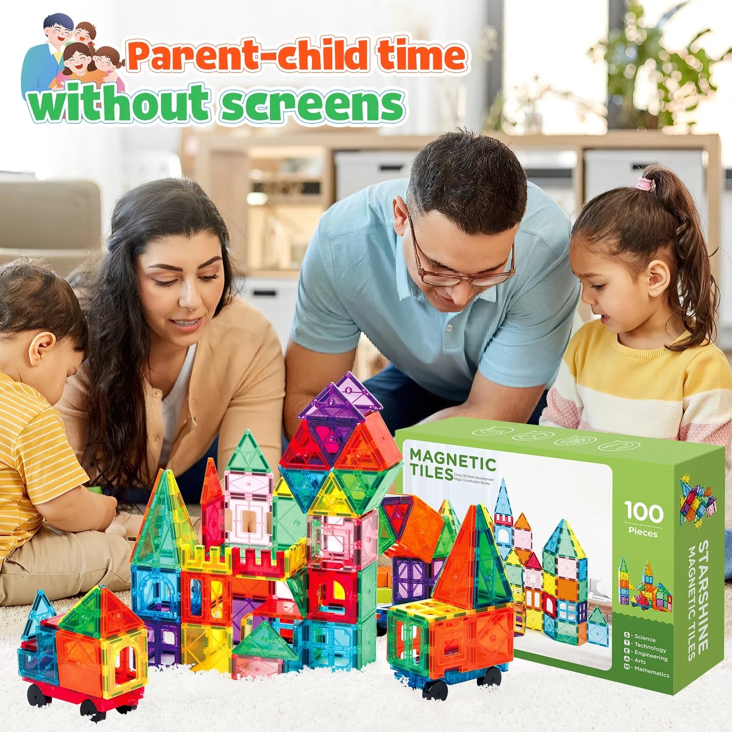 100 Pcs Magnetic Tiles Building Blocks with 2 Cars, STEM Toys 3D Building Sets Gifts for Boys and Girls