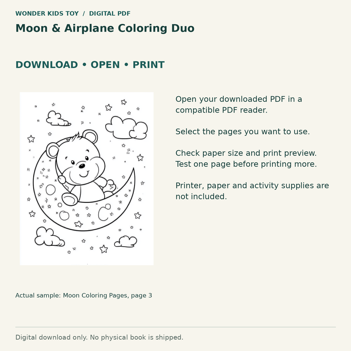Moon & Airplane Coloring Duo: Download, open and print guidance with an actual PDF page preview. Digital only; no physical book.