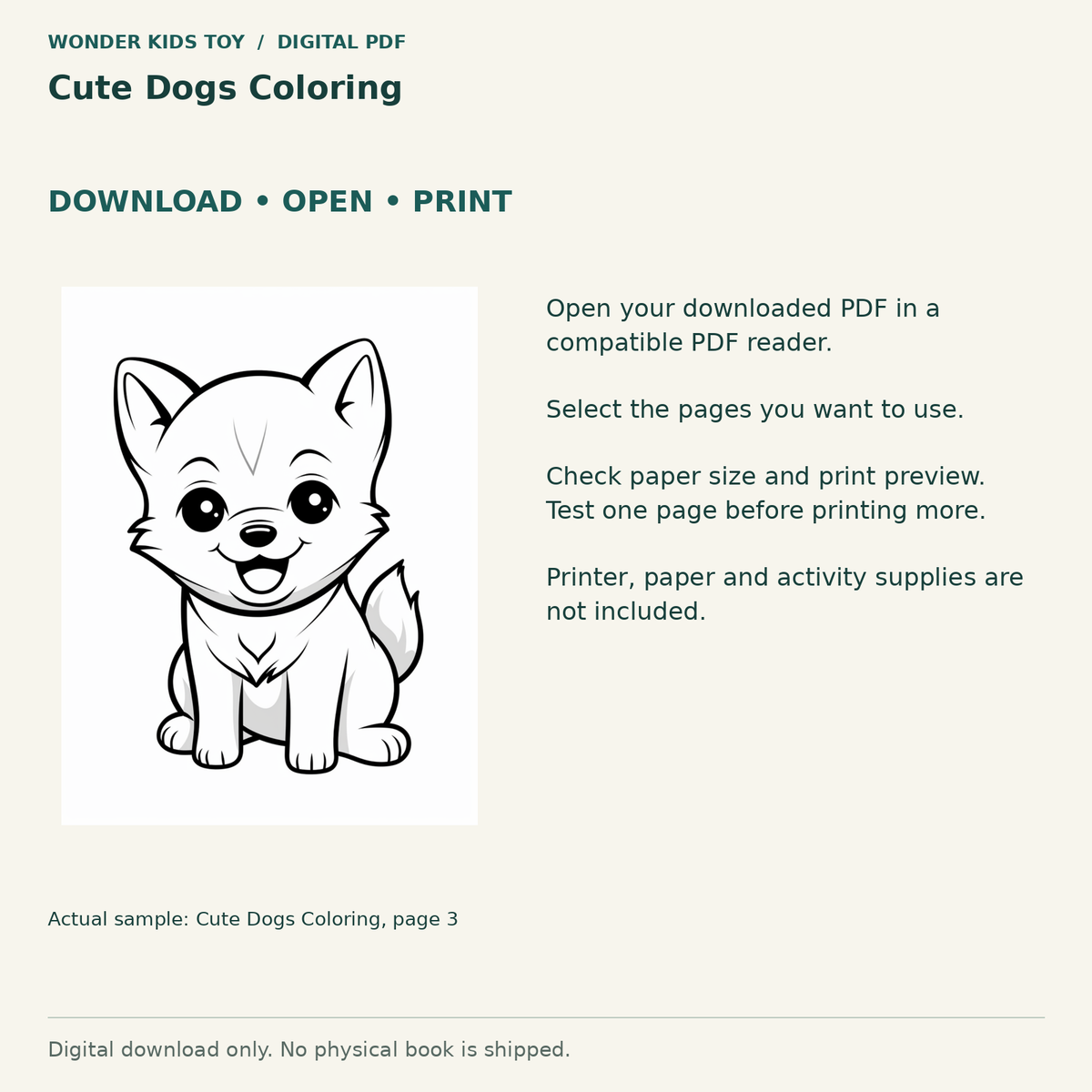 Cute Dogs Coloring: Download, open and print guidance with an actual PDF page preview. Digital only; no physical book.