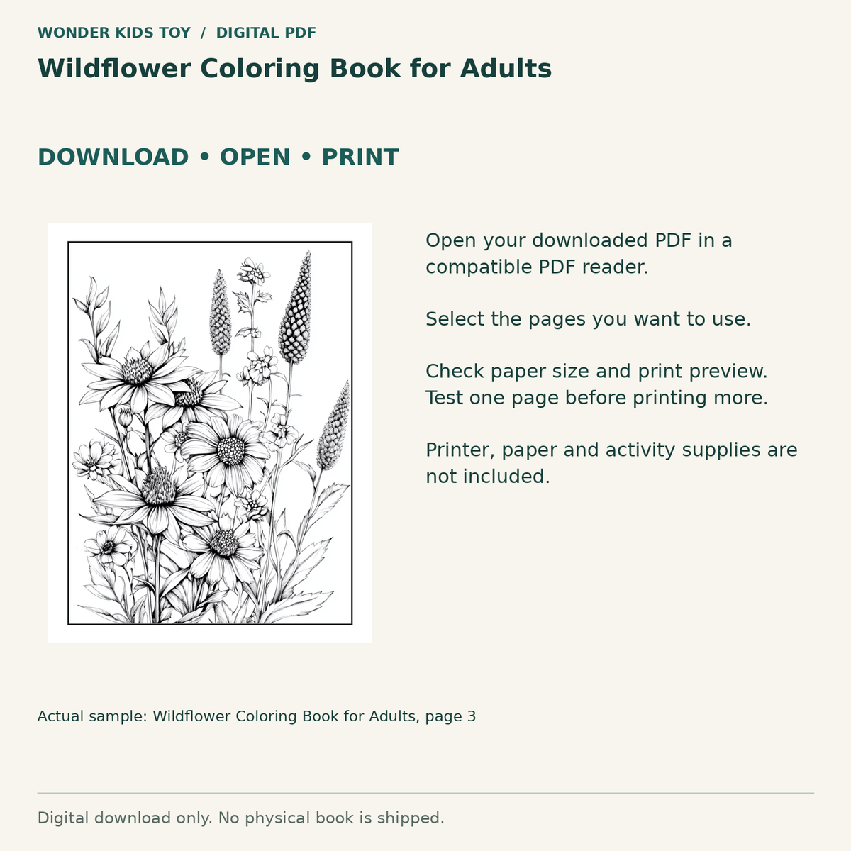 Wildflower Coloring Book for Adults: Download, open and print guidance with an actual PDF page preview. Digital only; no physical book.